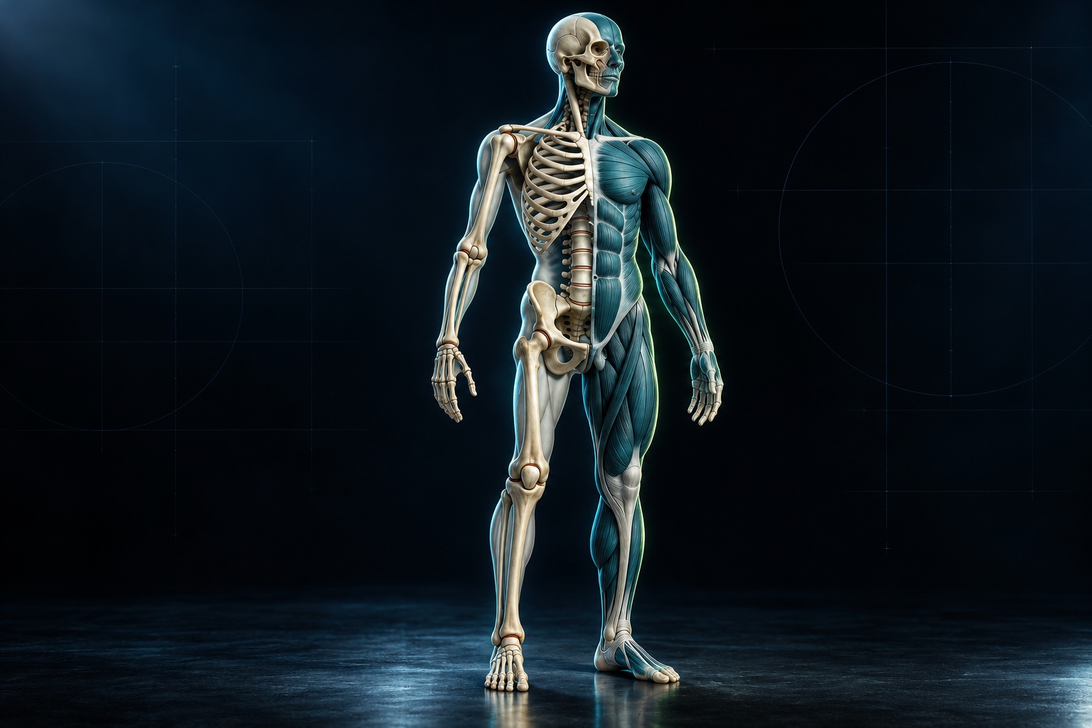 A digital anatomical study of connected muscles, joints and the spine in a dark clinical space.